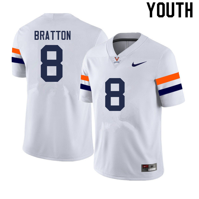 Youth #8 Darrius Bratton Virginia Cavaliers College Football Jerseys Sale-White - Click Image to Close